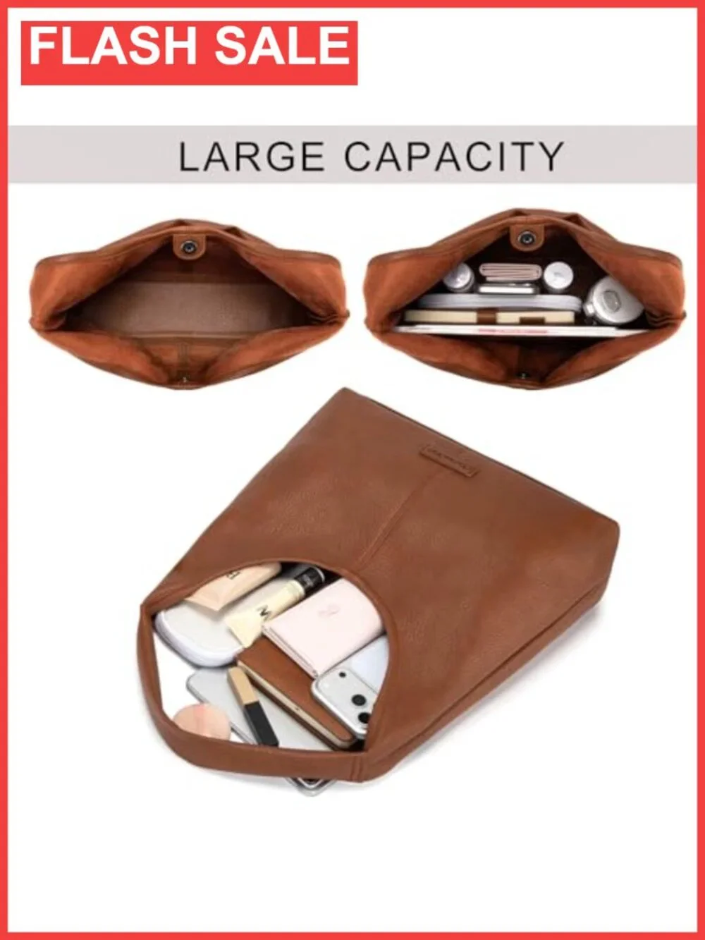 Soft PU Leather Slouchy Hobo Shoulder Bag Tote with Pouch